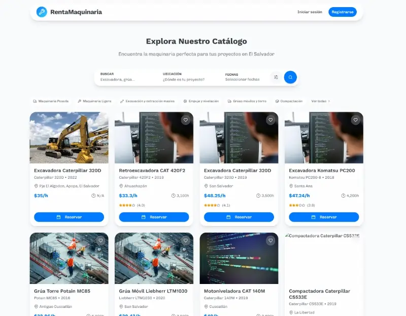 Equipment rental catalogue with machine cards
